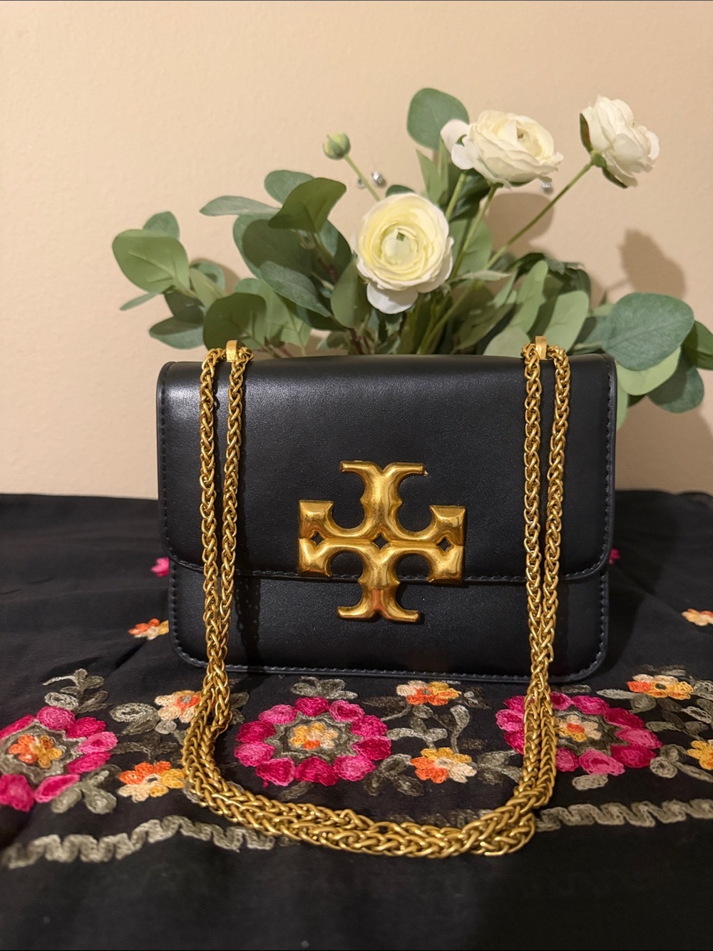 Tory Burch Black Leather Crossbody with Gold Logo Chain
